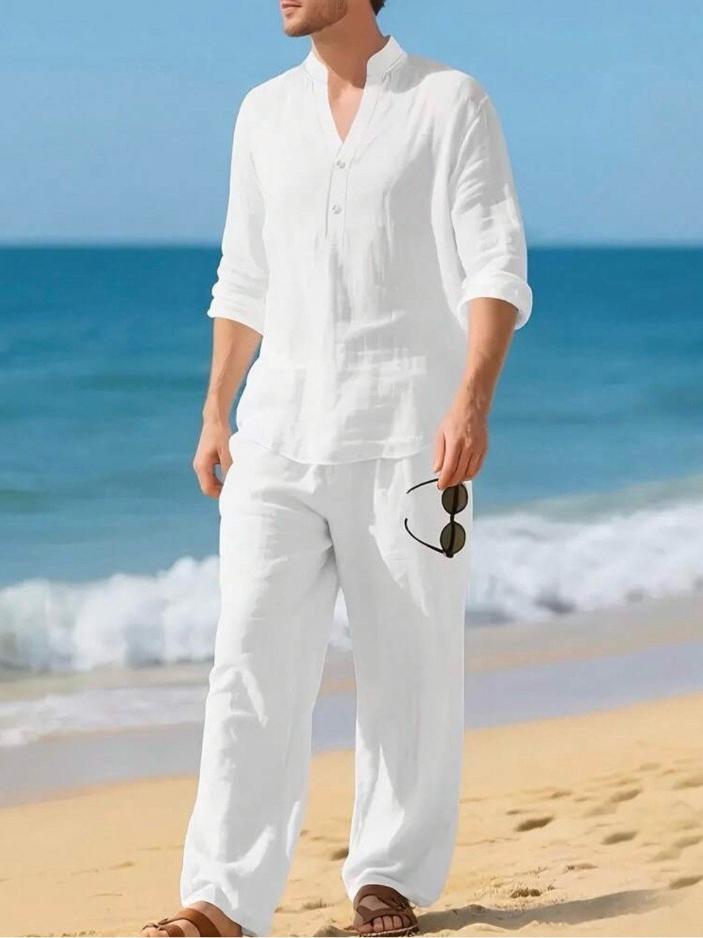 Men's White Long-Sleeve Linen Henley Shirt - Picture 2 of 5
